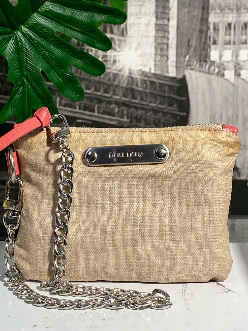 Authentic Miu Miu Beige Linen Pouch with Coral Trim